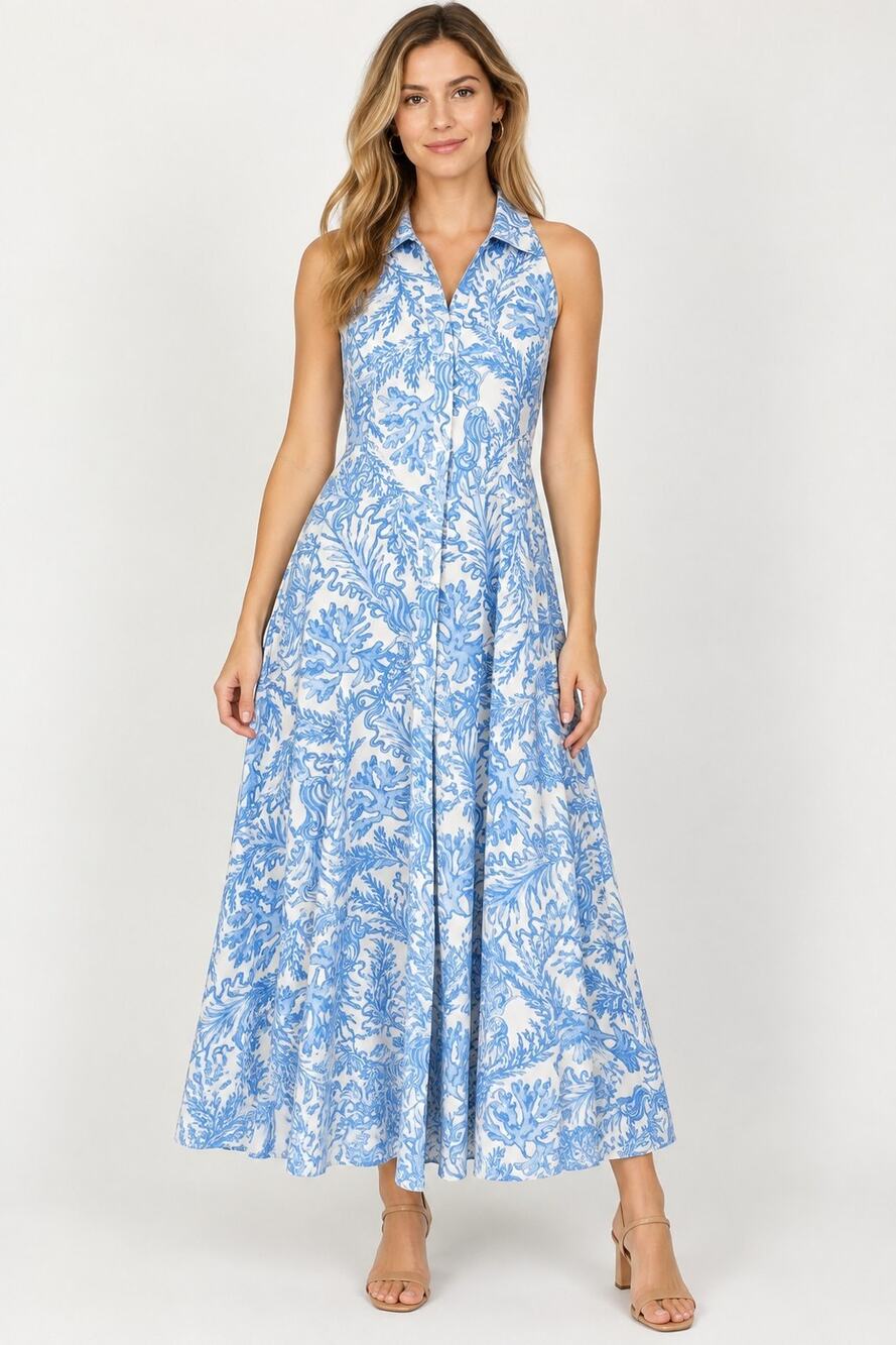 Lilly Pulitzer Cotton Blue White Floral Maxi Dress US 14